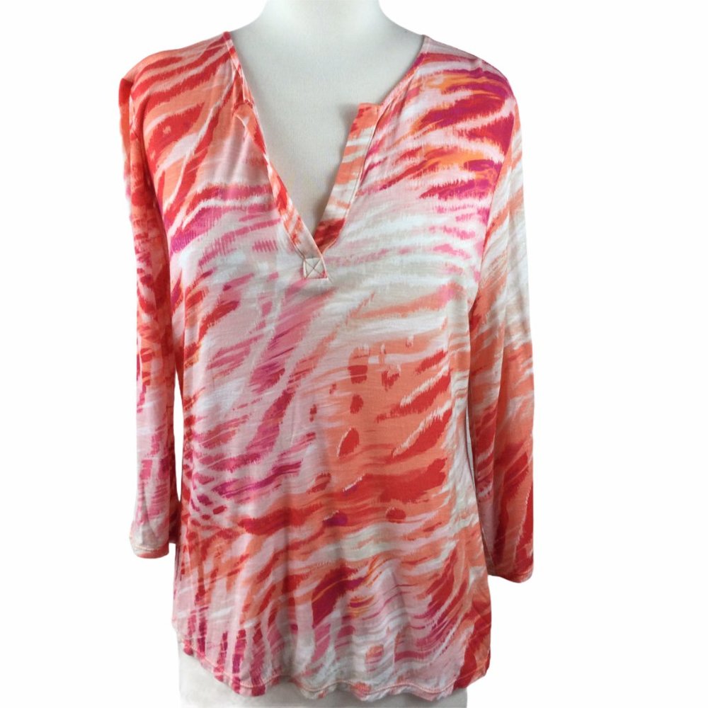 Chico's Pink/Orange Casual V-Neck Top,‎ Size 4